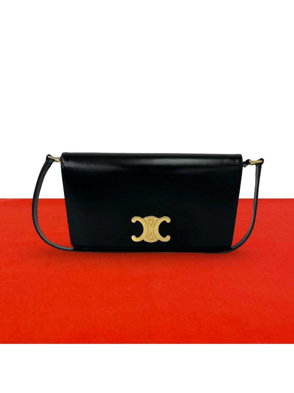 Celine Triomphe Logo Calfskin Leather Shoulder Bag Black